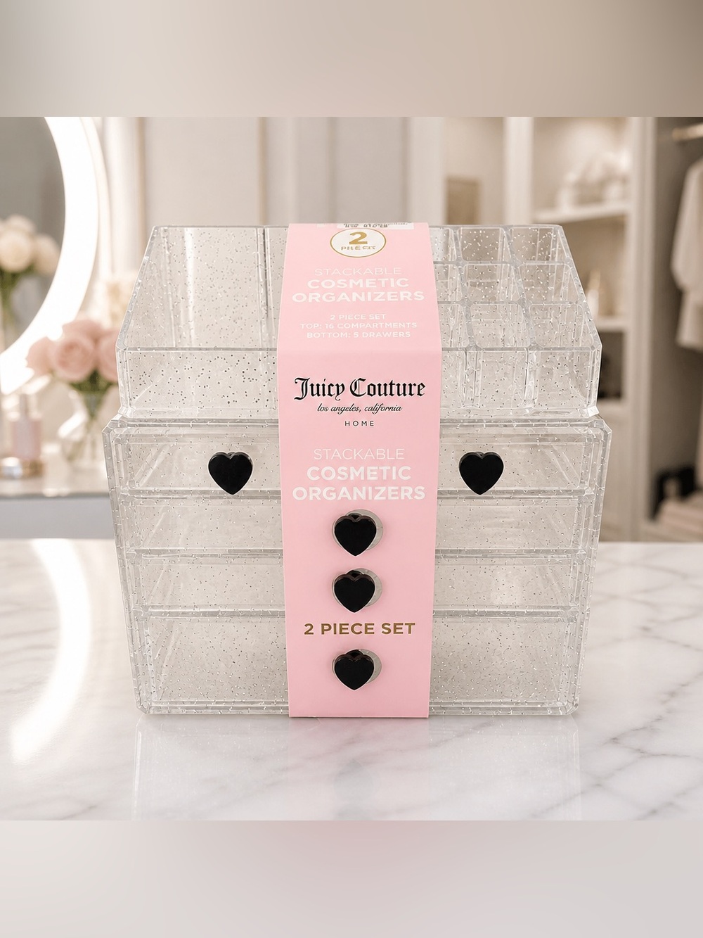 Juicy Couture Stackable Cosmetic Organizer 2 Piece Clear Glitter Set